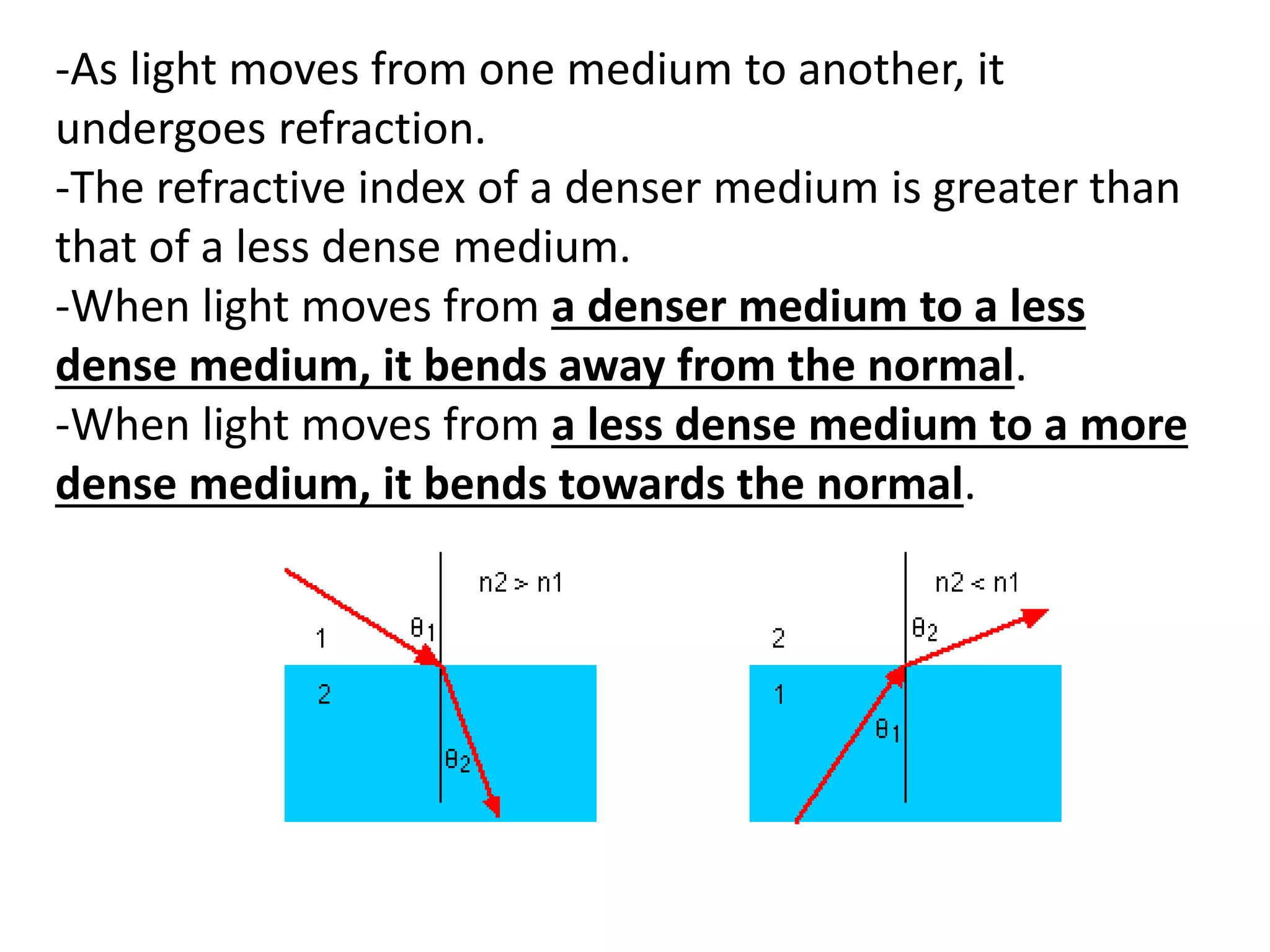 -As light moves from one medium to another, it
undergoes refraction.
-The refractive index of a denser medium is greater than
that of a less dense medium.
-When light moves from a denser medium to a less
dense medium, it bends away from the normal.
-When light moves from a less dense medium to a more
dense medium, it bends towards the normal.
 
