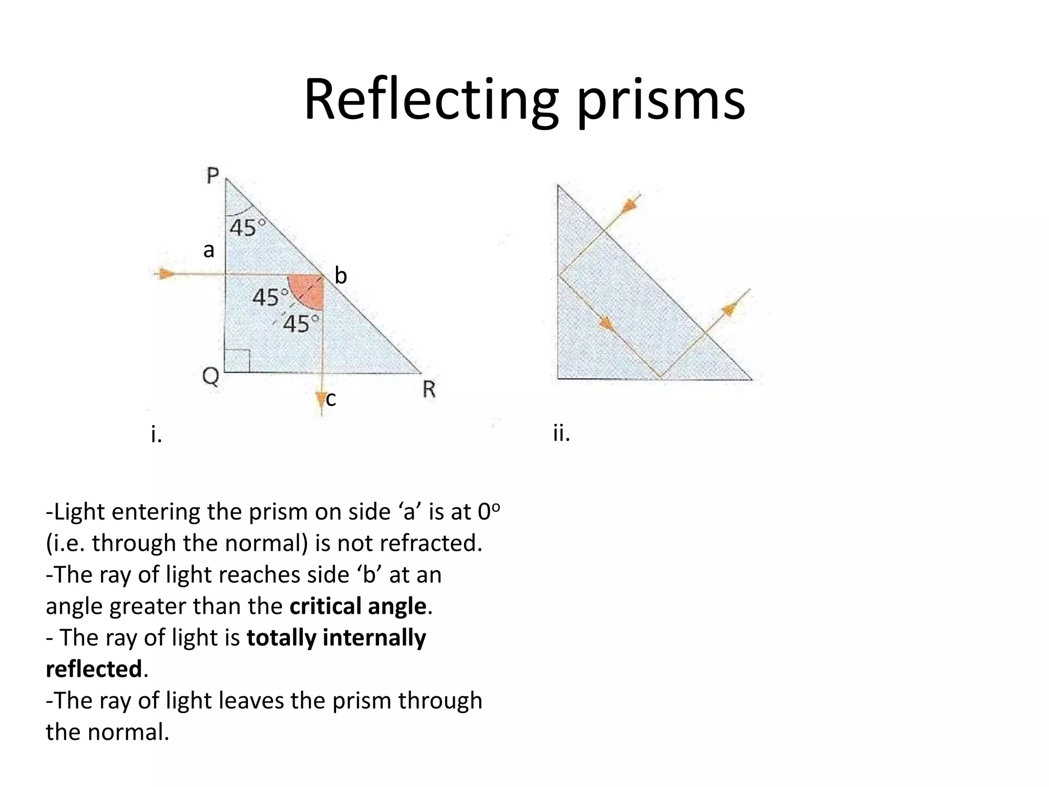 Reflecting prisms
-Light entering the prism on side ‘a’ is at 0o
(i.e. through the normal) is not refracted.
-The ray of light reaches side ‘b’ at an
angle greater than the critical angle.
- The ray of light is totally internally
reflected.
-The ray of light leaves the prism through
the normal.
a
b
c
i. ii.
 