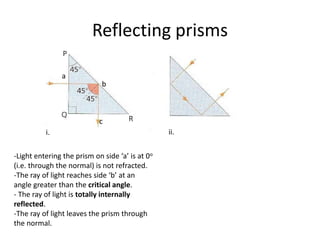 Reflecting prisms
-Light entering the prism on side ‘a’ is at 0o
(i.e. through the normal) is not refracted.
-The ray of light reaches side ‘b’ at an
angle greater than the critical angle.
- The ray of light is totally internally
reflected.
-The ray of light leaves the prism through
the normal.
a
b
c
i. ii.
 