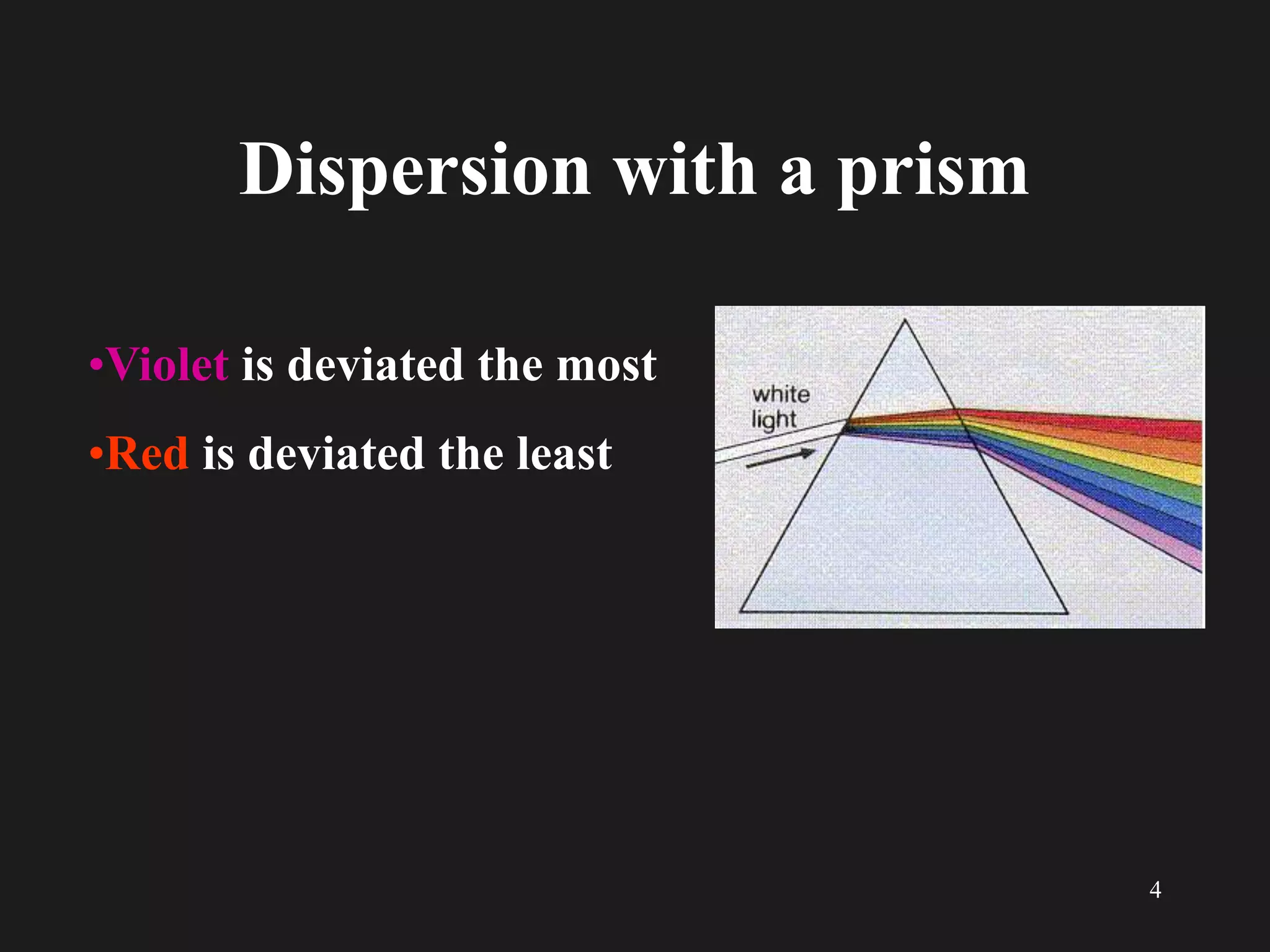 4
Dispersion with a prism
•Violet is deviated the most
•Red is deviated the least