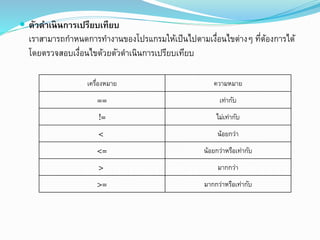  ตัวดำเนินกำรเปรียบเทียบ
เราสามารถกาหนดการทางานของโปรแกรมให้เป็นไปตามเงื่อนไขต่างๆ ที่ต้องการได้
โดยตรวจสอบเงื่อนไขด้วยตัวดาเนินการเปรียบเทียบ
เครื่องหมาย ความหมาย
== เท่ากับ
!= ไม่เท่ากับ
< น้อยกว่า
<= น้อยกว่าหรือเท่ากับ
> มากกว่า
>= มากกว่าหรือเท่ากับ
 