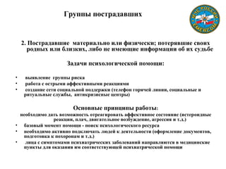 Группы пострадавших
2. Пострадавшие материально или физически; потерявшие своих
родных или близких, либо не имеющие информации об их судьбе
Задачи психологической помощи:
• выявление группы риска
• работа с острыми аффективными реакциями
• создание сети социальной поддержки (телефон горячей линии, социальные и
ритуальные службы, антикризисные центры)
Основные принципы работы:
необходимо дать возможность отреагировать аффективное состояние (истероидные
реакции, плач, двигательное возбуждение, агрессия и т.д.)
• базовый момент помощи - поиск психологического ресурса
• необходимо активно подключать людей к деятельности (оформление документов,
подготовка к похоронам и т.д.)
• лица с симптомами психиатрических заболеваний направляются в медицинские
пункты для оказания им соответствующей психиатрической помощи
 