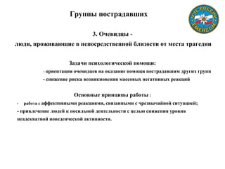 Группы пострадавших
3. Очевидцы -
люди, проживающие в непосредственной близости от места трагедии
Задачи психологической помощи:
- ориентация очевидцев на оказание помощи пострадавшим других групп
- снижение риска возникновения массовых негативных реакций
Основные принципы работы :
- работа с аффективными реакциями, связанными с чрезвычайной ситуацией;
- привлечение людей к посильной деятельности с целью снижения уровня
неадекватной поведенческой активности.
 