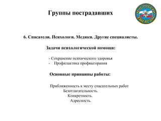 Группы пострадавших
6. Спасатели. Психологи. Медики. Другие специалисты.
Задачи психологической помощи:
- Сохранение психического здоровья
- Профилактика профвыгорания
Основные принципы работы:
Приближенность к месту спасательных работ
Безотлагательность.
Конкретность.
Адресность.
 