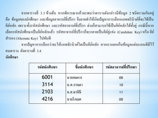 จากตารางที่ 3.3 ข้างต้น หากพิจารณาแล้วจะพบว่าตารางดังกล่าวมีข้อมูล 2 ชนิดรวมกันอยู่
คือ ข้อมูลของนักศึกษา และข้อมูลอาจารย์ที่ปรึกา จึงอาจทาให้เกิดปัญหาการเลือกแอททริบิวต์ที่จะใช้เป็น
คีย์หลัก เพราะทั้งรหัสนักศึกษา และรหัสอาจารย์ที่ปรึกา ต่างก็สามารถใช้เป็นคีย์หลักได้ทั้งคู่ กรณีนี้หาก
เลือกรหัสนักศึกษาเป็นคีย์หลักแล้ว รหัสอาจารย์ที่ปรึกาก็จะกลายเป็นคีย์คู่แข่ง (Candidate Key) หรือ คีย์
สารอง (Altcrnatc Key) ไปทันที
จากปัญหาการเลือกว่าจะให้แอททิรบิวต์ใดเป็นคีย์หลัก หากเราแยกเก็บข้อมูลแต่ละเอนทิตีไว้
คนตาราง ดังตารางที่ 3.4
นักศึกษา
รหัสนักศึกษา ชื่อนักศึกษา รหัสอาจารย์ที่ปรึกษา
6001
3114
2103
4216
นายสมควร
น.ส.กานดา
น.ส.มาลินี
นายโกเมศ
06
10
11
08
 