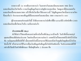 จากตารางที่ 3.6 หากต้องการทราบว่า ในเอกสารใบลงทะเบียนหมายเลข 5004 มีการ
ลงทะเบียนเรียนวิชาใดบ้าง เราจะเริ่มดูข้อมูลในตารางบัญชีการลงทะเบียน โดยดูแถวที่มีหมายเลขใบ
ลงทะเบียนเป็นหมายเลข 5004 แล้วใช้รหัสวิชาที่หาได้จากตารางนี้ ไปดูข้อมูลของวิชานั้นตารางรายวิชา
ซึ่งจะเห็นว่า จานวนแถวของข้อมูลที่เป็นหมายเลขใบลงทะเบียน 5004 อาจมากกว่า 1 แถว
ผู้อ่านลองตอบคาถามต่อไปนี้ ถ้าต้องการทราบว่านักศึกาที่ชื่อ น.ส.มาลินี (รหัสนักศึกา 2103)
ลงทะเบียนเรียนชื่อวิชาอะไรบ้าง จะค้นหาอย่างไร
ประเภทของคีย์ (Key)
ดังได้กล่าวไว้ตอนต้นของหน่วยเกี่ยวกับเรื่องคีย์(Key) มาบ้างแล้ว ในหัวข้อนี้จะขอสรุป
คุณสมบัติของคีย์แต่ละประเภท โดยก่อนอื่นควรทราบก่อนว่า แอททริบิวต์โดยแอททริบิวต์หนึ่งในรีเล
ชัน จะมีคุณสมบัติเป็นคีย์ได้ เมื่อแอททริบิวต์นั้นสามารถใช้บ่งบอกถึงค่าในทูเพิลใดทูเพิลหนึ่งในรีเล
ชันนั้นได้ หรือสามารถใช้ในการเชื่อมโยงข้อมูลกับข้อมูลอื่นในอีกรีเลชันหนึ่ง ในประเภทของคีย์ได้
กล่าวถึงไปแล้วในหัวข้อที่ผ่านมา ซึ่งมีอยุ่ด้วยกัน 2 ประเภท คือ
 