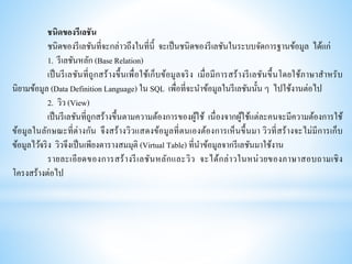 ชนิดของรีเลชัน
ชนิดของรีเลชันที่จะกล่าวถึงในที่นี้ จะเป็นชนิดของรีเลชันในระบบจัดการฐานข้อมูล ได้แก่
1. รีเลชันหลัก (Base Relation)
เป็นรีเลชันที่ถูกสร้างขึ้นเพื่อใช้เก็บข้อมูลจริง เมื่อมีการสร้างรีเลชันขึ้นโดยใช้ภาษาสาหรับ
นิยามข้อมูล (Data Definition Language) ใน SQL เพื่อที่จะนาข้อมูลในรีเลชันนั้น ๆ ไปใช้งานต่อไป
2. วิว (View)
เป็นรีเลชันที่ถูกสร้างขึ้นตามความต้องการของผู้ใช้ เนื่องจากผู้ใช้แต่ละคนจะมีความต้องการใช้
ข้อมูลในลักษณะที่ต่างกัน จึงสร้างวิวแสดงข้อมูลที่ตนเองต้องการเห็นขึ้นมา วิวที่สร้างจะไม่มีการเก็บ
ข้อมูลไว้จริง วิวจึงเป็นเพียงตารางสมมุติ (Virtual Table) ที่นาข้อมูลจากรีเลชันมาใช้งาน
รายละเอียดของการสร้างรีเลชันหลักและวิว จะได้กล่าวในหน่วยของภาษาสอบถามเชิง
โครงสร้างต่อไป
 