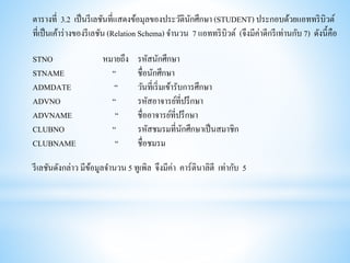 ตารางที่ 3.2 เป็นรีเลชันที่แสดงข้อมุลของประวัตินักศึกษา (STUDENT) ประกอบด้วยแอททริบิวต์
ที่เป็นเค้าร่างของรีเลชัน (Relation Schema) จานวน 7 แอททริบิวต์ (จึงมีค่าดีกรีเท่านกับ 7) ดังนี้คือ
STNO หมายถึง รหัสนักศึกษา
STNAME “ ชื่อนักศึกษา
ADMDATE “ วันที่เริ่มเข้ารับการศึกษา
ADVNO “ รหัสอาจารย์ที่ปรึกษา
ADVNAME “ ชื่ออาจารย์ที่ปรึกษา
CLUBNO “ รหัสชมรมที่นักศึกษาเป็นสมาชิก
CLUBNAME “ ชื่อชมรม
รีเลชันดังกล่าว มีข้อมูลจานวน 5 ทูเพิล จึงมีค่า คาร์ตินาลิตี เท่ากับ 5
 