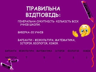 ПРАВИЛЬНА
ВІДПОВІДЬ:
ГЕНЕРАЛЬНА СУКУПНІСТЬ- КІЛЬКІСТЬ ВСІХ
УЧНІВ ШКОЛИ.
ВИБІРКА-20 УЧНІВ
ВАРІАНТИ – ФІЗКУЛЬТУРА, МАТЕМАТИКА,
ІСТОРІЯ, БІОЛОГІЯ, ХІМІЯ.
ВАРІАНТА ФІЗКУЛЬТУРА МАТЕМАТИКА ІСТОРІЯ БІОЛОГІЯ ХІМІЯ
ЧАСТОТА 7 5 4 3 1
 