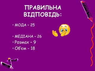 ПРАВИЛЬНА
ВІДПОВІДЬ:
• МОДА – 25
• МЕДІАНА – 26
• Розмах – 9
• Об’єм - 18
 