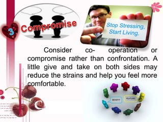 Consider co- operation or
compromise rather than confrontation. A
little give and take on both sides may
reduce the strains and help you feel more
comfortable.
 
