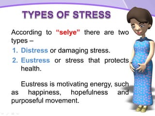 According to “selye” there are two
types –
1. Distress or damaging stress.
2. Eustress or stress that protects
health.
Eustress is motivating energy, such
as happiness, hopefulness and
purposeful movement.
 