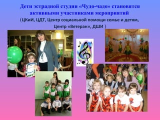 Дети эстрадной студии «Чудо-чадо» становятся
активными участниками мероприятий
(ЦКиИ, ЦДТ, Центр социальной помощи семье и детям,
Центр «Ветеран», ДШИ )
 