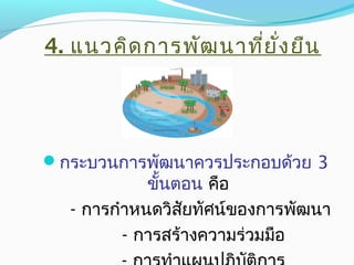 4. แนวคิดการพัฒนาที่ยั่งยืน
กระบวนการพัฒนาควรประกอบด้วย 3
ขั้นตอน คือ
- การกำาหนดวิสัยทัศน์ของการพัฒนา
- การสร้างความร่วมมือ
 