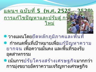 แผนฯ ฉบับที่ 5 (พ.ศ. 2525 – 2529)
การแก้ไขปัญหาและปรับสู่ การพัฒนายุค
ใหม่
วางแผนโดยยึดหลักภูมิภาคและพื้นที่
 กำาหนดพื้นที่เป้าหมายเพื่อแก้ปัญหาความ
ยากจน เพื่อความมั่นคง และพื้นที่รองรับ
อุตสาหกรรม
เน้นการปรับโครงสร้างเศรษฐกิจมากกว่า
การมุ่งขยายอัตราความเจริญทางเศรษฐกิจ
 