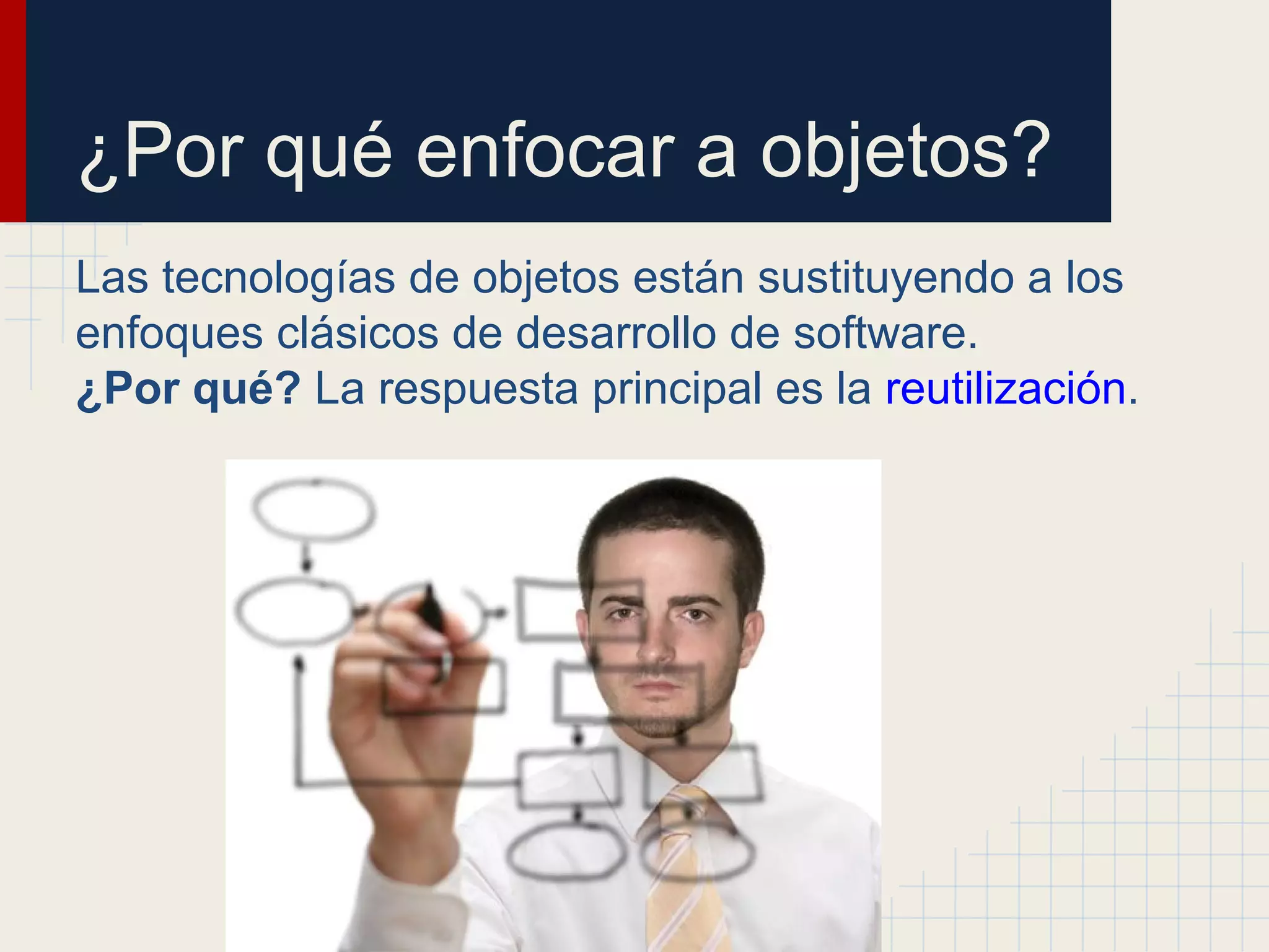 ¿Por qué enfocar a objetos?
Las tecnologías de objetos están sustituyendo a los
enfoques clásicos de desarrollo de software.
¿Por qué? La respuesta principal es la reutilización.
 