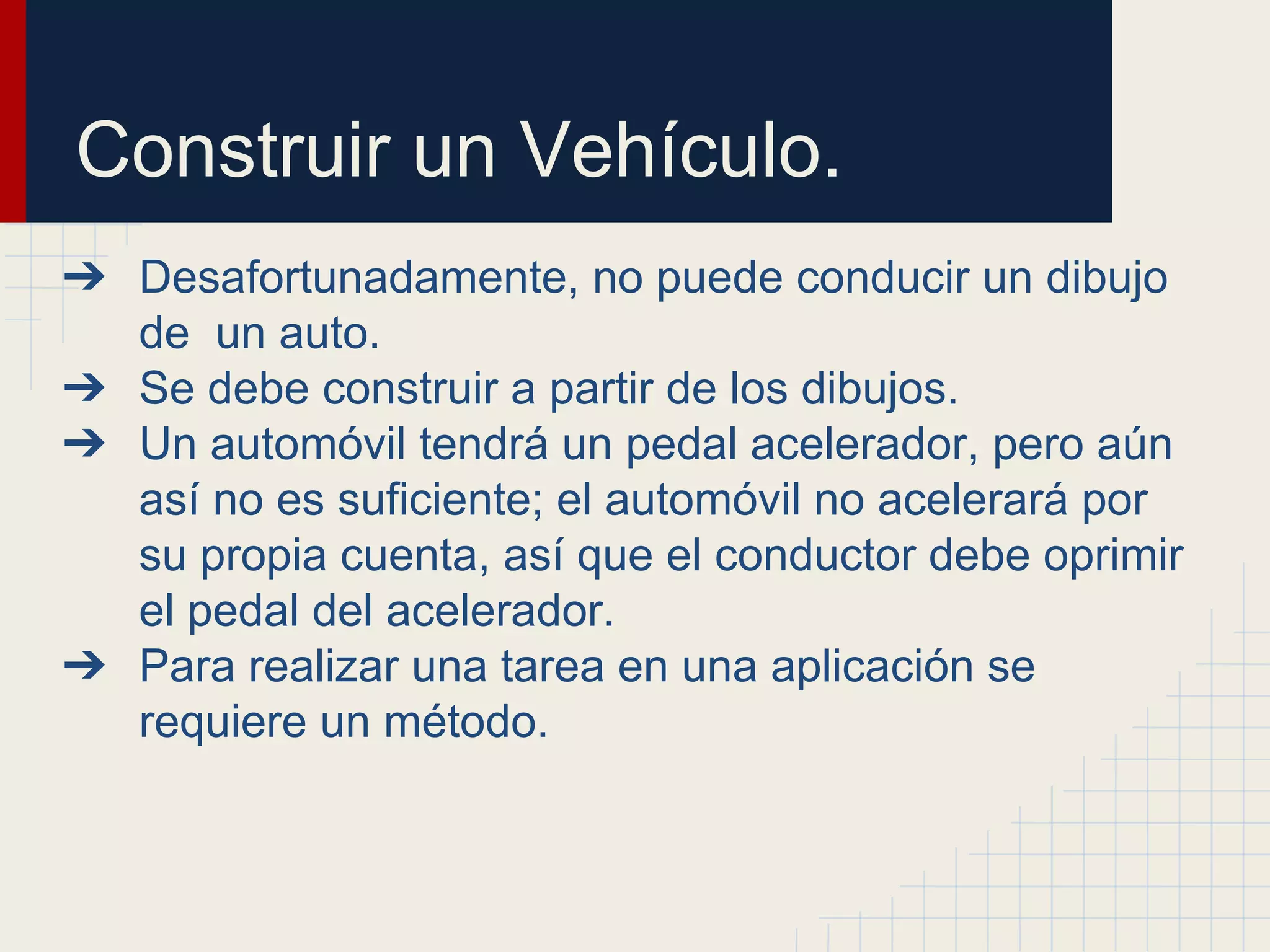 Construir un Vehículo.
➔ Desafortunadamente, no puede conducir un dibujo
de un auto.
➔ Se debe construir a partir de los dibujos.
➔ Un automóvil tendrá un pedal acelerador, pero aún
así no es suficiente; el automóvil no acelerará por
su propia cuenta, así que el conductor debe oprimir
el pedal del acelerador.
➔ Para realizar una tarea en una aplicación se
requiere un método.
 