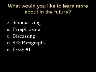 A. Summarizing
B. Paraphrasing
C. Discussing
D. SEE Paragraphs
E. Essay #1
 