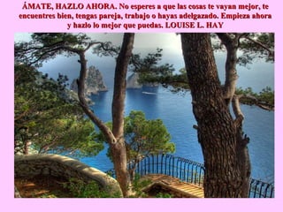 ÁMATE, HAZLO AHORA. No esperes a que las cosas te vayan mejor, teÁMATE, HAZLO AHORA. No esperes a que las cosas te vayan mejor, te
encuentres bien, tengas pareja, trabajo o hayas adelgazado. Empieza ahoraencuentres bien, tengas pareja, trabajo o hayas adelgazado. Empieza ahora
y hazlo lo mejor que puedas. LOUISE L. HAYy hazlo lo mejor que puedas. LOUISE L. HAY
 