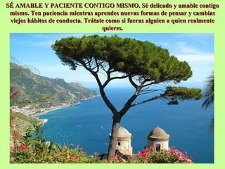 SÉ AMABLE Y PACIENTE CONTIGO MISMO. Sé delicado y amable contigoSÉ AMABLE Y PACIENTE CONTIGO MISMO. Sé delicado y amable contigo
mismo. Ten paciencia mientras aprendes nuevas formas de pensar y cambiasmismo. Ten paciencia mientras aprendes nuevas formas de pensar y cambias
viejos hábitos de conducta. Trátate como si fueras alguien a quien realmenteviejos hábitos de conducta. Trátate como si fueras alguien a quien realmente
quieres.quieres.
 