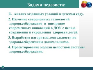 Задачи педсовета:
1. Анализ созданных условий в детском саду.
2. Изучение современных технологий
здоровьесбережения и внедрение
современных инноваций в ДОУ с целью
сохранения и укрепления здоровья детей.
3. Выработка алгоритма деятельности по
здоровьесбережению дошкольников.
4. Проектирование модели целостной системы
здоровьесбережения.
 