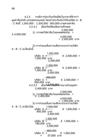 88
4.2.3 กรณีการประกันทรัพย์สินในราคาที่ตำ่ากว่า
มูลค่าที่แท้จริง (Underinsured) โดยทำาประกันภัยไว้กับบริษัท A : B
: C ดังนี้ 1,500,000 : 1,300,000 : 950,000 บาทตามลำาดับ
4.2.3.1 เมื่อทรัพย์สินเสียหายทั้งหมด
2,500,000
1) การชดใช้ค่าสินไหมทดแทนรวม =
X 4,000,000
4,000,000
= 2,500,000 บาท
2) การร่วมเฉลี่ยความเสียหายระหว่างบริษัท
A : B : C จะเป็นดังนี้
4.2.3.2 เมื่อเกิดความเสียหายบางส่วนมูลค่า
2,400,000 บาท
2,500,000
1) การชดใช้ค่าสินไหมทดแทนรวม =
X 2,400,000
4,000,000
= 1,500,000 บาท
2) การร่วมเฉลี่ยความเสียหายระหว่างบริษัท
A : B : C จะเป็นไปตามสัดส่วนที่แต่ละบริษัทรับประกันไว้
1,500,000
บริษัท A = X 2,500,000 =
1,500,000 บาท
2,500,000
1,300,000
บริษัท B = X 2,500,000 =
1,300,000 บาท
2,500,000
950,000
บริษัท C = X 2,500,000 =
950,000 บาท
2,500,000
1,500,000
บริษัท A = X 1,500,000 =
900,000 บาท
2,500,000
1,300,000
บริษัท B = X 1,500,000 =
780,000 บาท
2,500,000
950,000
บริษัท C = X 1,500,000
= 57,000 บาท
 