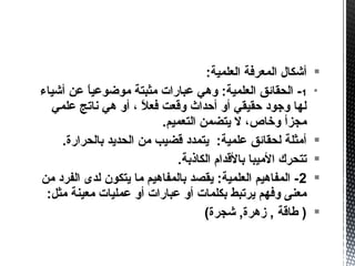 :‫العلمية‬ ‫المعرفة‬ ‫أشكال‬
1‫أشياء‬ ‫عن‬ ‫ا‬ً ‫موضوعي‬ ‫مثبتة‬ ‫عبارات‬ ‫وهي‬ :‫العلمية‬ ‫الحقائق‬ -
‫علمي‬ ‫ناتج‬ ‫هي‬ ‫أو‬ ، ‫ال‬ً  ‫فع‬ ‫وقعت‬ ‫أحداث‬ ‫أو‬ ‫حقيقي‬ ‫وجود‬ ‫لها‬
.‫التعميم‬ ‫يتضمن‬ ‫ل‬ ،‫وخاص‬ ‫مجزأ‬
.‫بالحرارة‬ ‫الحديد‬ ‫من‬ ‫قضيب‬ ‫يتمدد‬ :‫علمية‬ ‫لحقائق‬ ‫أمثلة‬
.‫الكاذبة‬ ‫بالقدام‬ ‫الميبا‬ ‫تتحرك‬
2‫من‬ ‫الفرد‬ ‫لدى‬ ‫يتكون‬ ‫ما‬ ‫بالمفاهيم‬ ‫يقصد‬ :‫العلمية‬ ‫المفاهيم‬ -
:‫مثل‬ ‫معينة‬ ‫عمليات‬ ‫أو‬ ‫عبارات‬ ‫أو‬ ‫بكلمات‬ ‫يرتبط‬ ‫وفهم‬ ‫معنى‬
(‫شجرة‬ ,‫زهرة‬ , ‫طاقة‬ )
 