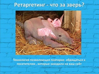 Ретаргетинг - что за зверь?
Технология позволяющая повторно обращаться к
посетителям , которые заходили на ваш сайт
 