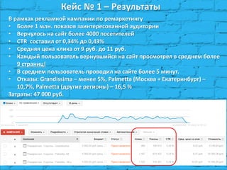 Кейс № 1 – Результаты
В рамках рекламной кампании по ремаркетингу
• Более 1 млн. показов заинтересованной аудитории
• Вернулось на сайт более 4000 посетителей
• CTR составил от 0,34% до 0,43%
• Средняя цена клика от 9 руб. до 11 руб.
• Каждый пользователь вернувшийся на сайт просмотрел в среднем более
9 страниц!
• В среднем пользователь проводил на сайте более 5 минут.
• Отказы: Grandissima – менее 5%, Palmetta (Москва + Екатеринбург) –
10,7%, Palmetta (другие регионы) – 16,5 %
Затраты: 47 000 руб.
 