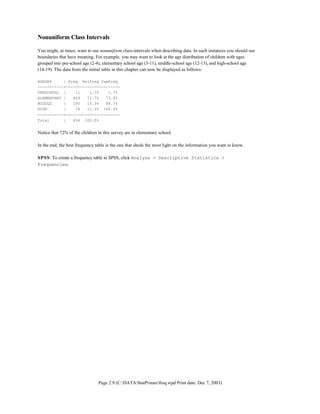 Page 2.9 (C:DATAStatPrimerfreq.wpd Print date: Dec 7, 2003)
Nonuniform Class Intervals
You might, at times, want to use nonuniform class-intervals when describing data. In such instances you should use
boundaries that have meaning. For example, you may want to look at the age distribution of children with ages
grouped into pre-school age (2-4), elementary school age (5-11), middle-school age (12-13), and high-school age
(14-19). The data from the initial table in this chapter can now be displayed as follows:
AGEGRP | Freq RelFreq CumFreq
-----------+-----------------------
PRESCHOOL | 11 1.7% 1.7%
ELEMENTARY | 469 71.7% 73.4%
MIDDLE | 100 15.3% 88.7%
HIGH | 74 11.3% 100.0%
-----------+-----------------------
Total | 654 100.0%
Notice that 72% of the children in this survey are in elementary school.
In the end, the best frequency table is the one that sheds the most light on the information you want to know.
SPSS: To create a frequency table in SPSS, click Analyze > Descriptive Statistics >
Frequencies.
 