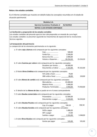 Sistema de Información Contable II. Unidad 3
74
Notas a los estados contables
Es el informe contable que muestra en detalle todos los conceptos resumidos en el estado de
situación patrimonial.
31/10/2012
1,1 Confección y preparación de los estados contables
Los estados contables del presente ejercicio han sido preparados en moneda de curso legal.
Los estados contables se presentan siguiendo los lineamientos de exposición de las resoluciones
técnicas vigentes.
1,2 Composición del patrimonio
La composición de los elementos patrimoniales es la siguiente:
a. El rubro caja y bancos está compuesto por los siguientes conceptos:
Caja ……………………….. 500,00
Fondo Fijo ………………. 2.500,00
Banco Cta Cte …………. 2.000,00
Valores a Depositar … 20.254,50 25.254,50
b. El rubro Cuentas por cobrar está compuesto por los siguientes conceptos:
Deudores por Ventas ….. 40.000,00
Documentos a Cobrar …. 5.322,00 45.322,00
c. El Rubro Otros Créditos está compuesto por los siguientes conceptos:
IVA saldo a favor …………. 70,00
IIBB saldo a favor ………… 80,00 150,00
d. El rubro Bienes de cambio está compuesto por los siguientes conceptos:
Mercaderías…………………. 65.000,00
Materia Prima ……………… 5.000,00
Productos Terminados …. 3.950,00 73.950,00
e. El detalle de los Bienes de Uso se puede ver en el anexo correspondiente
f. El rubro Deudas comerciales está compuesto por los siguientes conceptos:
Proveedores ………………… 52.000,00
Documentos a pagar …… 4.559,00 56.559,00
g. El rubro Deudas Fiscales está compuesto por los siguientes conceptos:
Cap. IV a pagar 80,00 80,00
h. El rubro Deudas Sociales está compuesto por los siguientes conceptos:
SUSS a pagar 1.080,00
ART a pagar 27,00
Sueldos a pagar 2.241,00 3.348,00
i. el rubro Otras Deudas está compusto por los siguientes conceptos:
Gastos por pagar 535,00 535,00
---------------------------------------
Modelos S.A.
Ejercicio Económico Finalizado el
NOTAS A LOS ESTADOS CONTABLES
596.50596.50
 