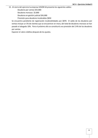 SIC II – Ejercicios Unidad 3
88
15. Al cierre del ejercicio la empresa VISION SA presenta los siguientes saldos:
Deudores por ventas $55.000
Deudores morosos $5.890
Deudores en gestión judicial $45.000
Previsión para deudores incobrables $850
Se encuentra pendiente de registración incobrabilidades por $870. El saldo de los deudores por
ventas incluye un 5% de clientes que se encuentran en mora, del total de deudores morosos se han
pasado al abogado 10%. Para el próximo año se constituirá una previsión del 2.4% de los deudores
por ventas.
Exponer el rubro créditos después de los ajustes.
 