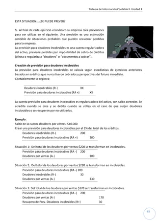 Sistema de Información Contable II. Unidad 3
63
ESTA SITUACION... ¿SE PUEDE PREVER?
SI. Al final de cada ejercicio económico la empresa crea previsiones
para ser utilizas en el siguiente. Una previsión es una estimación
contable de situaciones probables que pueden ocasionar perdidas
para la empresa.
La previsión para deudores incobrables es una cuenta regularizadora
del activo, previene perdidas por imposibilidad de cobro de créditos
(afecta o regulariza a “deudores” o “documentos a cobrar”).
Creación de previsión para deudores incobrables
La previsión para deudores incobrables se calcula según estadísticas de ejercicios anteriores
basados en créditos que nunca fueron cobrados y perspectivas del futuro inmediato.
Contablemente se registra:
Deudores incobrables (R-) XX
Previsión para deudores incobrables (RA +) XX
La cuenta previsión para deudores incobrables es regularizadora del activo, con saldo acreedor. Se
acredita cuando se crea y se debita cuando se utiliza en el caso de que surjan deudores
incobrables o se recuperen por no utilizarlas.
Ejemplo:
Saldo de la cuenta deudores por ventas: $10.000
Crear una previsión para deudores incobrables por el 2% del total de los créditos.
Deudores incobrables (R-) 200
Previsión para deudores incobrables (RA +) 200
Situación 1: Del total de los deudores por ventas $200 se transforman en incobrables.
Previsión para deudores incobrables (RA -) 200
Deudores por ventas (A-) 200
Situación 2: Del total de los deudores por ventas $230 se transforman en incobrables.
Previsión para deudores incobrables (RA -) 200
Deudores incobrables (R-) 30
Deudores por ventas (A-) 230
Situación 3: Del total de los deudores por ventas $170 se transforman en incobrables.
Previsión para deudores incobrables (RA -) 200
Deudores por ventas (A-) 170
Recupero de Prev. Deudores incobrables (R+) 30
 