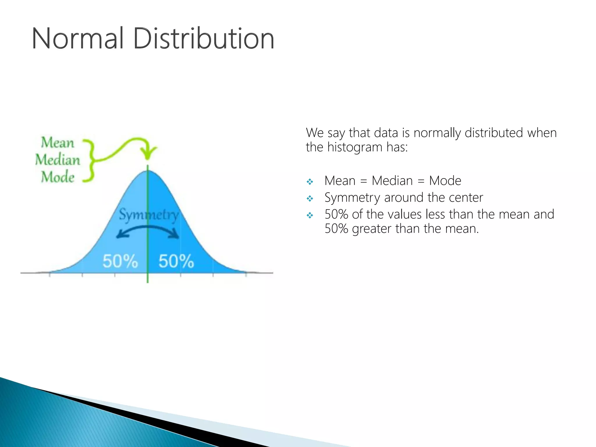 We say that data is normally distributed when
the histogram has:
 Mean = Median = Mode
 Symmetry around the center
 50% of the values less than the mean and
50% greater than the mean.
 