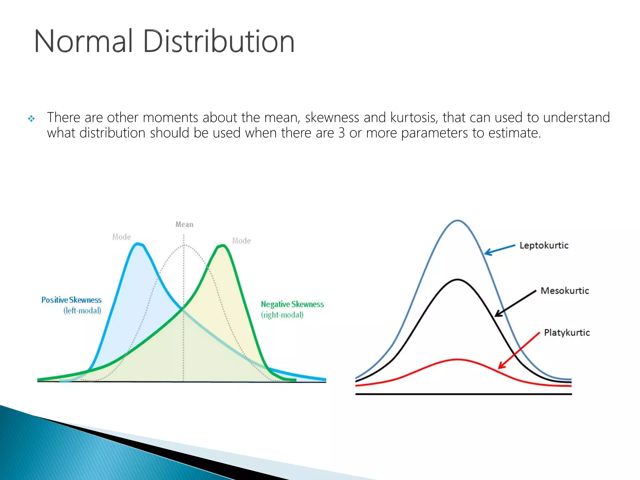  There are other moments about the mean, skewness and kurtosis, that can used to understand
what distribution should be used when there are 3 or more parameters to estimate.
 