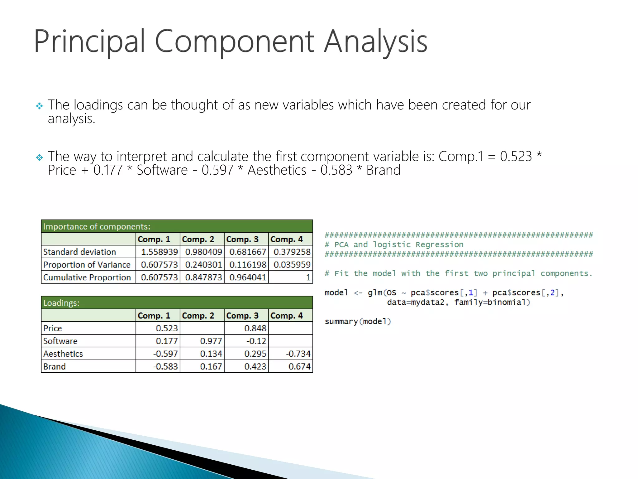  The loadings can be thought of as new variables which have been created for our
analysis.
 The way to interpret and calculate the first component variable is: Comp.1 = 0.523 *
Price + 0.177 * Software - 0.597 * Aesthetics - 0.583 * Brand
 