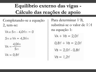 Equilíbrio externo das vigas -
Cálculo das reações de apoio
Completando-se a equação
2, tem-se:
Para determinar VB,
substitui-se o valor de VA
na equação 1:
 