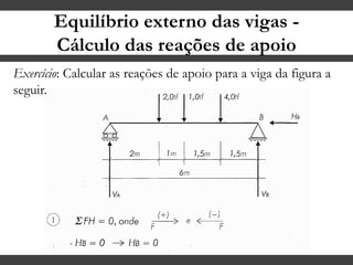 Equilíbrio externo das vigas -
Cálculo das reações de apoio
Exercício: Calcular as reações de apoio para a viga da figura a
seguir.
 