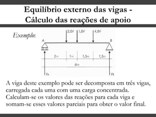 Equilíbrio externo das vigas -
Cálculo das reações de apoio
A viga deste exemplo pode ser decomposta em três vigas,
carregada cada uma com uma carga concentrada.
Calculam-se os valores das reações para cada viga e
somam-se esses valores parciais para obter o valor final.
Exemplo:
 