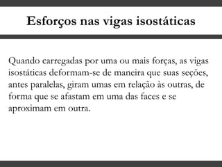 Esforços nas vigas isostáticas
Quando carregadas por uma ou mais forças, as vigas
isostáticas deformam-se de maneira que suas seções,
antes paralelas, giram umas em relação às outras, de
forma que se afastam em uma das faces e se
aproximam em outra.
 