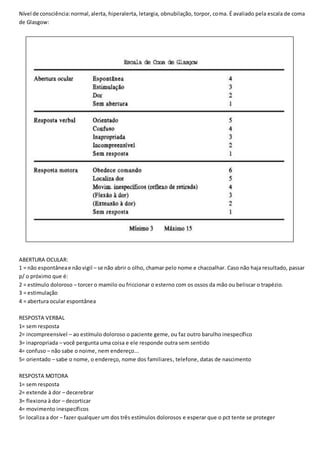 Nível de consciência:normal,alerta, hiperalerta, letargia, obnubilação, torpor, coma. É avaliado pela escala de coma
de Glasgow:
ABERTURA OCULAR:
1 = não espontâneae nãovigil – se não abrir o olho, chamar pelo nome e chacoalhar. Caso não haja resultado, passar
p/ o próximo que é:
2 = estímulo doloroso – torcer o mamilo ou friccionar o esterno com os ossos da mão ou beliscar o trapézio.
3 = estimulação
4 = abertura ocular espontânea
RESPOSTA VERBAL
1= sem resposta
2= incompreensível – ao estímulo doloroso o paciente geme, ou faz outro barulho inespecífico
3= inapropriada – você pergunta uma coisa e ele responde outra sem sentido
4= confuso – não sabe o noime, nem endereço...
5= orientado – sabe o nome, o endereço, nome dos familiares, telefone, datas de nascimento
RESPOSTA MOTORA
1= sem resposta
2= extende à dor – decerebrar
3= flexiona à dor – decorticar
4= movimento inespecíficos
5= localiza a dor – fazer qualquer um dos três estímulos dolorosos e esperar que o pct tente se proteger
 