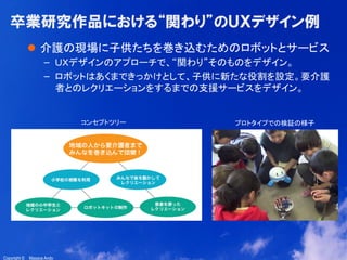 14
Copyright ©　Masaya AndoCopyright ©　Masaya Ando
卒業研究作品における“関わり”のＵＸデザイン例
l  介護の現場に子供たちを巻き込むためのロボットとサービス
–  ＵＸデザインのアプローチで、“関わり”そのものをデザイン。
–  ロボットはあくまできっかけとして、子供に新たな役割を設定。要介護
者とのレクリエーションをするまでの支援サービスをデザイン。	
プロトタイプでの検証の様子	
コンセプトツリー	
 