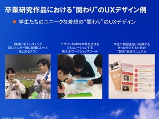 15
Copyright ©　Masaya AndoCopyright ©　Masaya Ando
卒業研究作品における“関わり”のＵＸデザイン例
l  学生たちのユニークな着想の“関わり”のＵＸデザイン	
野球ビギナーファンが	
詳しい人と一緒に球場にいって
楽しめるアプリ	
デザイン科学科の学生生活を	
シミュレーションする	
新入生ワークショップツール	
学生に朝型生活へ転換する	
きっかけとするための	
“朝活”実施マニュアル	
 