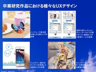 16
Copyright ©　Masaya AndoCopyright ©　Masaya Ando
卒業研究作品における様々なＵＸデザイン
l  Ｓ	
ジェスチャー操作の
オノマトペを再現した
効果音とその効果	
ファンタジーキャラク
ターの創作を支援す
る書籍の提案	
漫画文庫コレクション
のユーザータイプ分類
とタイプに最適化でき
る管理ツールの提案	
パーティーで参加者
が楽しめる紙コップの
提案	
 