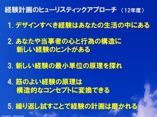 4
Copyright ©　Masaya AndoCopyright ©　Masaya Ando
経験計画のヒューリスティックアプローチ    （12年度）
1.  デザインすべき経験はあなたの生活の中にある
2.  あなたや当事者の心と行為の構造に
新しい経験のヒントがある
3.  新しい経験の最小単位の原理を探れ
4.  筋のよい経験の原理は
構造的なコンセプトに変換できる
5.  繰り返し試すことで経験の計画は磨かれる
 