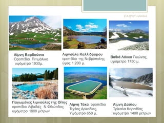 Λίμνη Βαρδούσια
Οροπέδιο Πιτιμάλικο
υψόμετρο 1930μ.
Λίμνη Τάκα οροπέδιο
Τεγέας Αρκαδίας,
Υψόμετρο 650 μ.
Λίμνη Δασίου
Τρίκαλα Κορινθίας
υψόμετρο 1480 μέτρων
Βαθιά Λάκκα Γκιώνας,
υψόμετρο 1750 μ.
ΣΤΑΥΡΟΥ ΗΛΙΑΝΑ
 