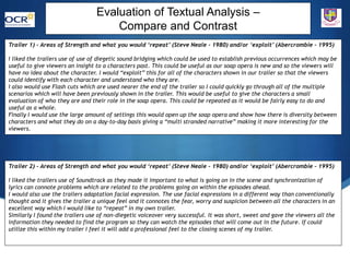 S
Evaluation of Textual Analysis –
Compare and Contrast
Trailer 1) – Areas of Strength and what you would ‘repeat’ (Steve Neale - 1980) and/or ‘exploit’ (Abercrombie – 1995)
I liked the trailers use of use of diegetic sound bridging which could be used to establish previous occurrences which may be
useful to give viewers an insight to a characters past. This could be useful as our soap opera is new and so the viewers will
have no idea about the character. I would “exploit” this for all of the characters shown in our trailer so that the viewers
could identify with each character and understand who they are.
I also would use Flash cuts which are used nearer the end of the trailer so I could quickly go through all of the multiple
scenarios which will have been previously shown in the trailer. This would be useful to give the characters a small
evaluation of who they are and their role in the soap opera. This could be repeated as it would be fairly easy to do and
useful as a whole.
Finally I would use the large amount of settings this would open up the soap opera and show how there is diversity between
characters and what they do on a day-to-day basis giving a “multi stranded narrative” making it more interesting for the
viewers.
Trailer 2) – Areas of Strength and what you would ‘repeat’ (Steve Neale - 1980) and/or ‘exploit’ (Abercrombie – 1995)
I liked the trailers use of Soundtrack as they made it important to what is going on in the scene and synchronization of
lyrics can connote problems which are related to the problems going on within the episodes ahead.
I would also use the trailers adaptation facial expression. The use facial expressions in a different way than conventionally
thought and it gives the trailer a unique feel and it connotes the fear, worry and suspicion between all the characters in an
excellent way which I would like to “repeat” in my own trailer.
Similarly I found the trailers use of non-diegetic voiceover very successful. It was short, sweet and gave the viewers all the
information they needed to find the program so they can watch the episodes that will come out in the future. If could
utilize this within my trailer I feel it will add a professional feel to the closing scenes of my trailer.
 