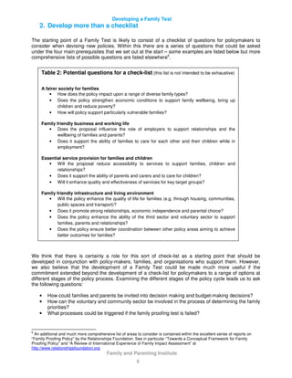 Developing a Family Test
Family and Parenting Institute
5
2. Develop more than a checklist
The starting point of a Family Test is likely to consist of a checklist of questions for policymakers to
consider when devising new policies. Within this there are a series of questions that could be asked
under the four main prerequisites that we set out at the start – some examples are listed below but more
comprehensive lists of possible questions are listed elsewhere6
.
We think that there is certainly a role for this sort of check-list as a starting point that should be
developed in conjunction with policy-makers, families, and organisations who support them. However,
we also believe that the development of a Family Test could be made much more useful if the
commitment extended beyond the development of a check-list for policymakers to a range of options at
different stages of the policy process. Examining the different stages of the policy cycle leads us to ask
the following questions:
• How could families and parents be invited into decision making and budget-making decisions?
• How can the voluntary and community sector be involved in the process of determining the family
priorities?
• What processes could be triggered if the family proofing test is failed?
6
An additional and much more comprehensive list of areas to consider is contained within the excellent series of reports on
“Family Proofing Policy” by the Relationships Foundation. See in particular “Towards a Conceptual Framework for Family
Proofing Policy” and “A Review of International Experience of Family Impact Assessment” at
http://www.relationshipsfoundation.org
Table 2: Potential questions for a check-list (this list is not intended to be exhaustive)
A fairer society for families
• How does the policy impact upon a range of diverse family types?
• Does the policy strengthen economic conditions to support family wellbeing, bring up
children and reduce poverty?
• How will policy support particularly vulnerable families?
Family friendly business and working life
• Does the proposal influence the role of employers to support relationships and the
wellbeing of families and parents?
• Does it support the ability of families to care for each other and their children while in
employment?
Essential service provision for families and children
• Will the proposal reduce accessibility to services to support families, children and
relationships?
• Does it support the ability of parents and carers and to care for children?
• Will it enhance quality and effectiveness of services for key target groups?
Family friendly infrastructure and living environment
• Will the policy enhance the quality of life for families (e.g. through housing, communities,
public spaces and transport)?
• Does it promote strong relationships, economic independence and parental choice?
• Does the policy enhance the ability of the third sector and voluntary sector to support
families, parents and relationships?
• Does the policy ensure better coordination between other policy areas aiming to achieve
better outcomes for families?
 