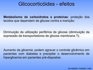 Glicocorticóides - efeitos
Metabolismo de carboidratos e proteínas: proteção dos
tecidos que dependem de glicose contra a inanição:
Diminuição da utilização periférica de glicose (diminuição da
expressão de transportadores de glicose membrana ?);
Aumento da glicemia: podem agravar o controle glicêmico em
pacientes com diabetes e precipitar o desenvolvimento de
hiperglicemia em pacientes pré-dispostos.
SCHIMMER; PARKER, 2006
 