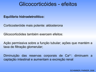 Glicocorticóides - efeitos
Equilíbrio hidroeletrolítico:
Corticosteróide mais potente: aldosterona
Glicocorticóides também exercem efeitos:
Ação permissiva sobre a função tubular; ações que mantém a
taxa de filtração glomerular;
Diminuição das reservas corporais de Ca2+
: diminuem a
captação intestinal e aumentam a excreção renal
SCHIMMER; PARKER, 2006
 